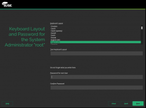 Keyboard layout and root password screen