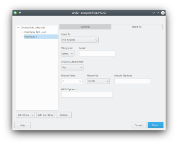 AutoYaST UI: partition section, usage